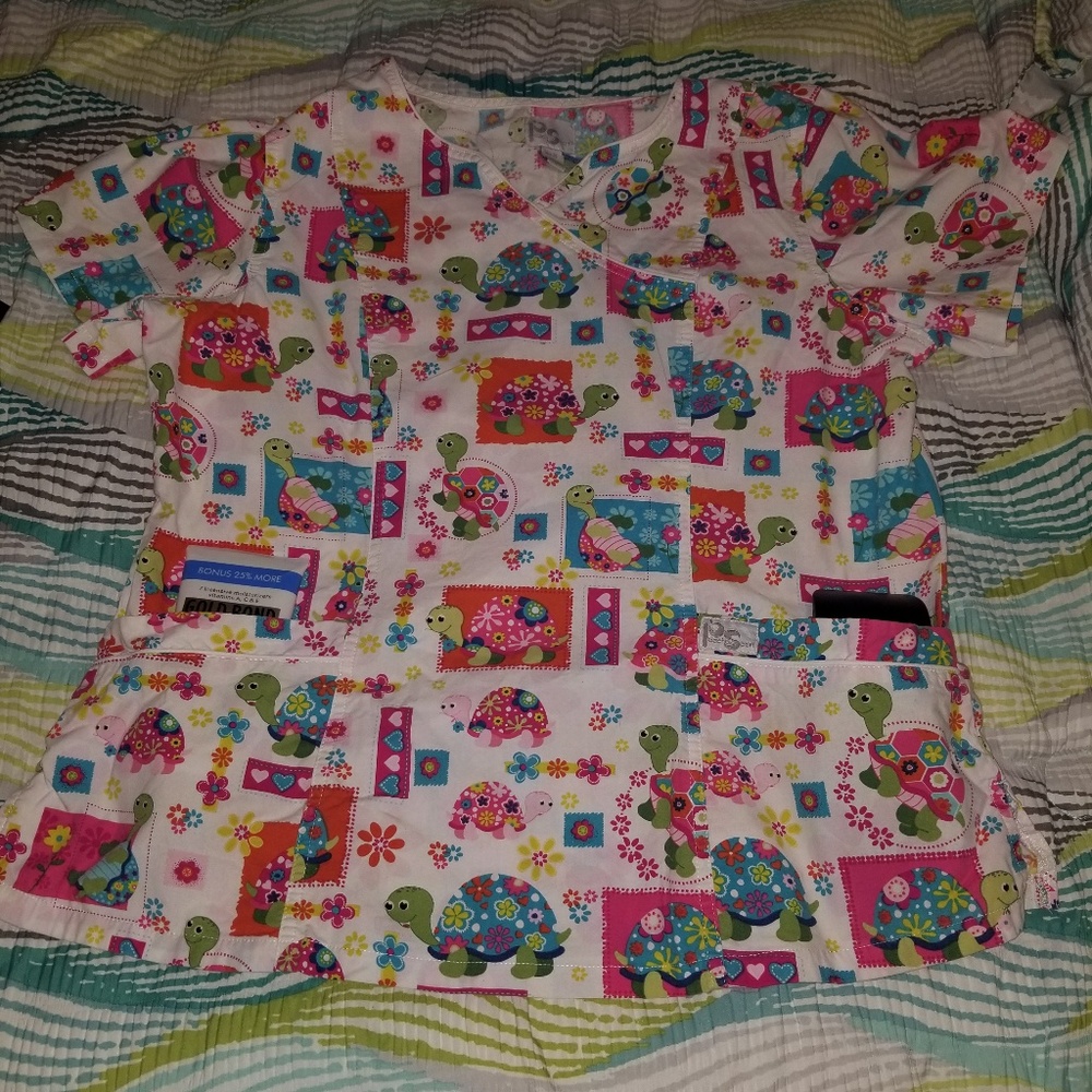 Cute, friendly turtle scrub top.